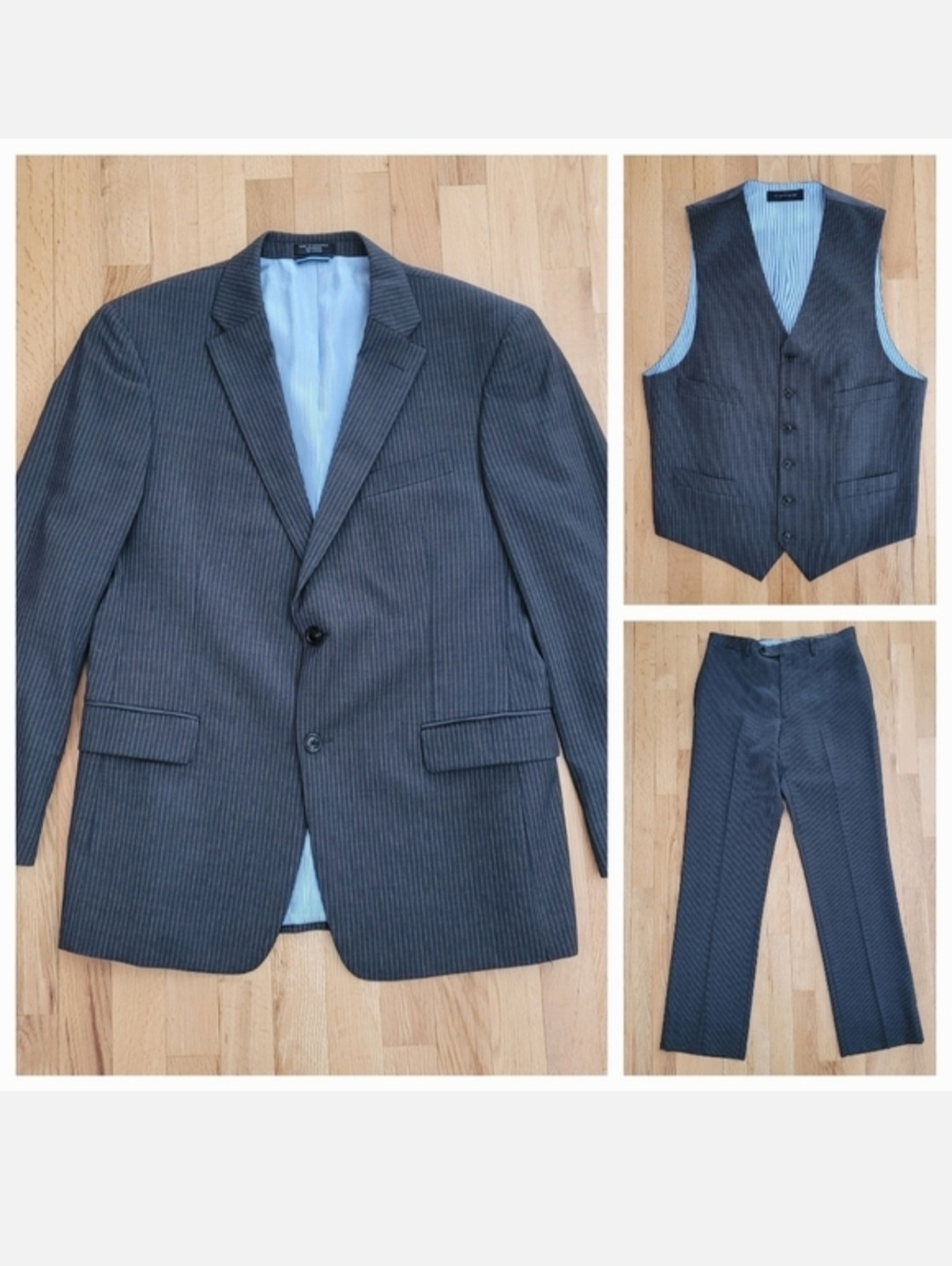 TOMMY HILFIGER 2 PIECE SUIT MEN'S JACKET 41R PANTS 32 GREY BLUE PINSTRIPE WOOL